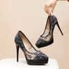 Fashion Fashion Roman Pumps 12Cm Black Platform High Heels Mesh Breathable Sexy Shallow Mouth Pointed Single Shoes Small Size 32 33