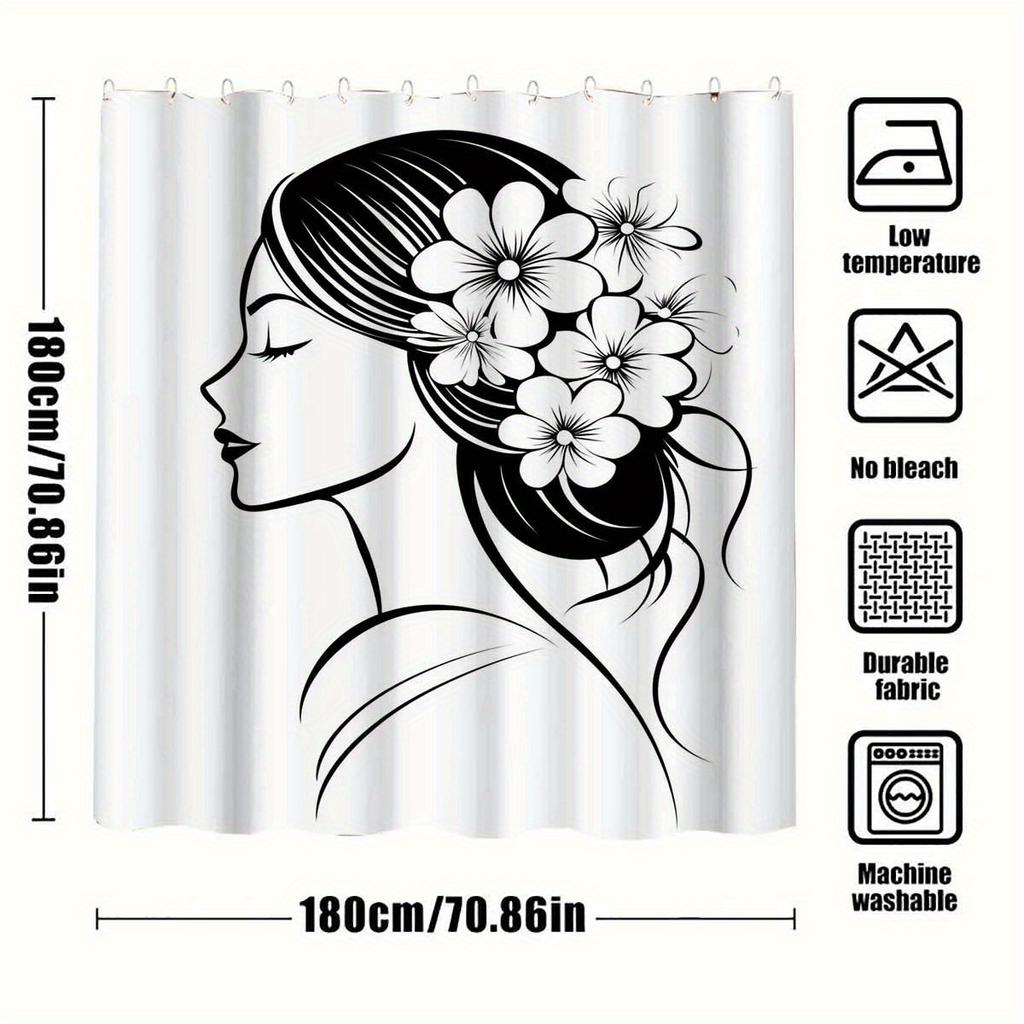 1pc Art Line Cherry Blossom Portrait Series Shower Curtain - with 12 Hooks, Machine Washable, Suitable for Bathroom Decor