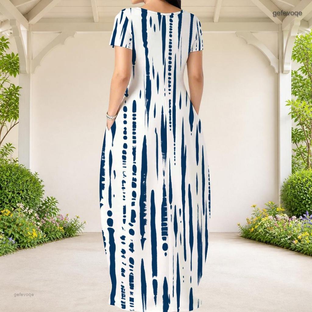 Women Plus Size Round Neck Short Sleeve Blue White Printed Loose Maxi Dress With Side Pockets