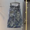 Women's Retro High Waist Jacquard Denim Midi Skirt, 2025 Autumn Collection - Loose, Straight, Hip-Hugging Design
