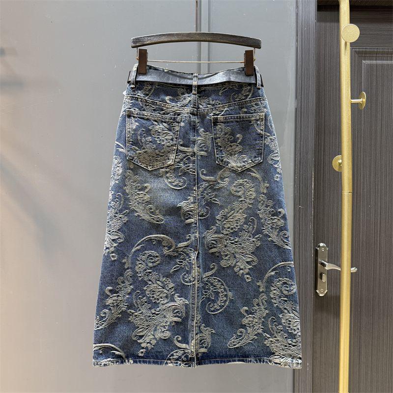 Women's Retro High Waist Jacquard Denim Midi Skirt, 2025 Autumn Collection - Loose, Straight, Hip-Hugging Design
