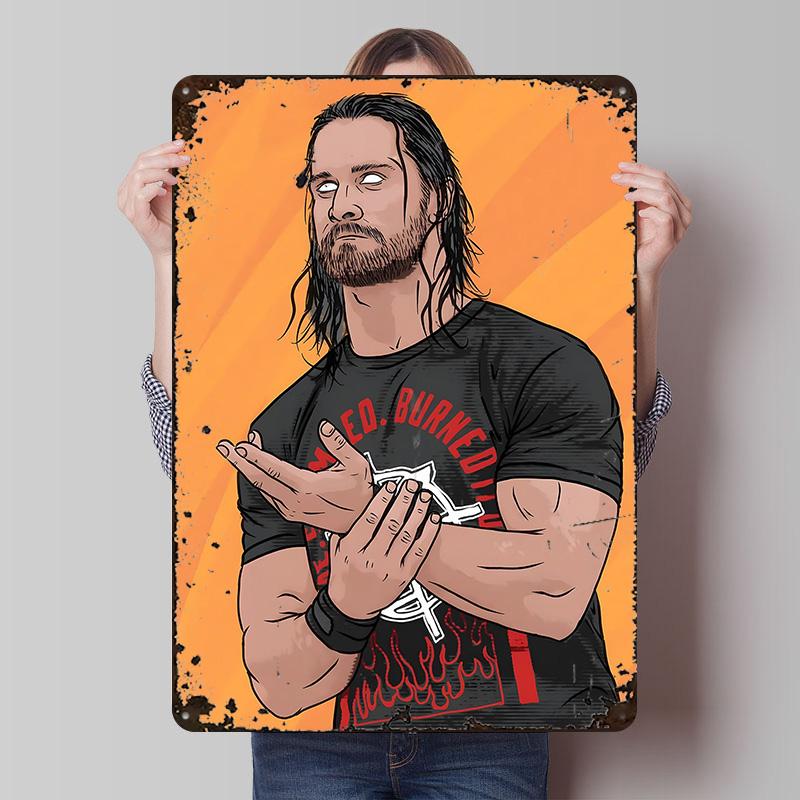 Seth Rollins Burn It Down Illustration Printed Poster Customized Wall Art Retro Vintage Metal Tin Signs for Home House Decor