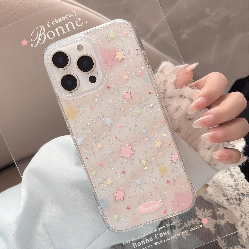 Lovely Colorful Stars Dazzling Fine Glitter Transparent Protective Phone Case for iPhone 11 12 13 14 15 16 17 Pro Max Plus Air