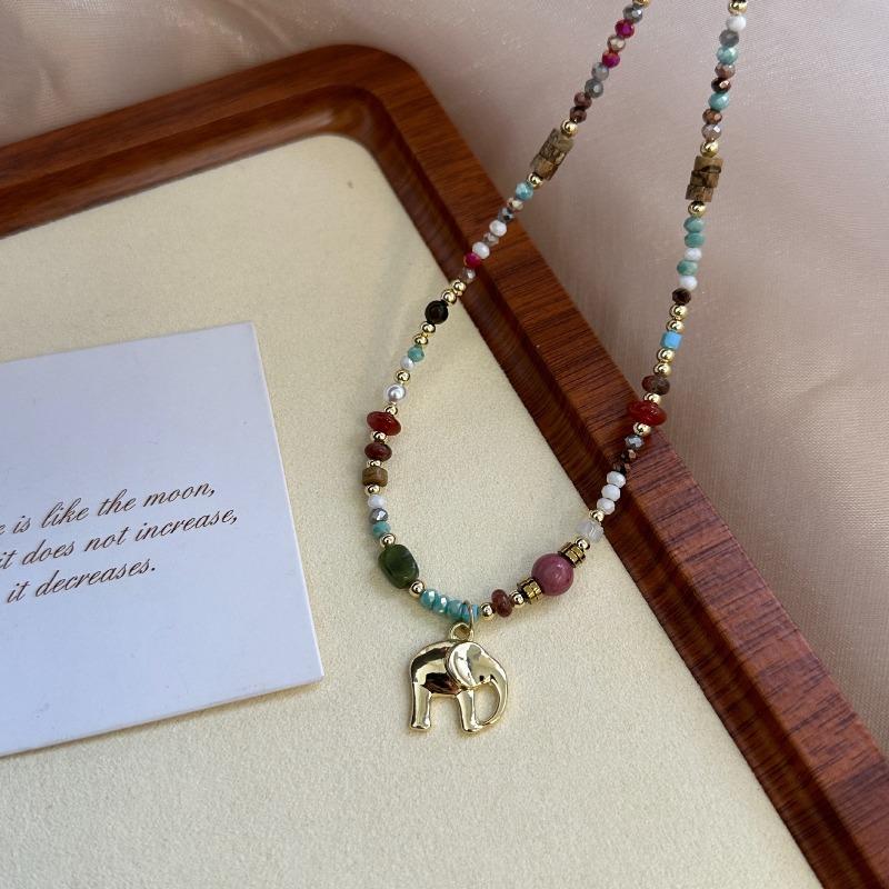 Natural Stone Beaded Auspicious Little Elephant Necklace for Women, High-end Sweater-style Neck Chain Accessory