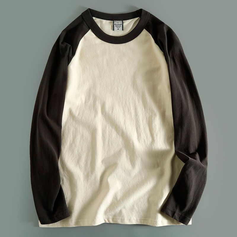 Trendy Japanese Brushed Color Matching Casual Cattle Goods Long Sleeves T-Shirt Beige Iron Gray M
