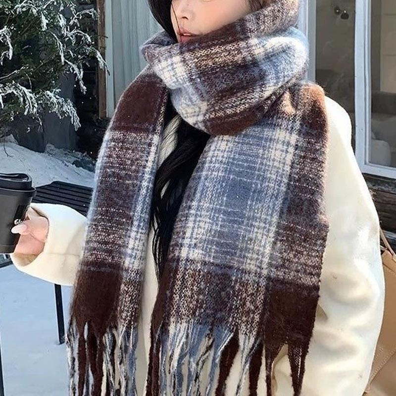 New mohair plaid scarf, versatile in autumn and winter, Korean atmosphere imitation cashmere small version student warm scarf