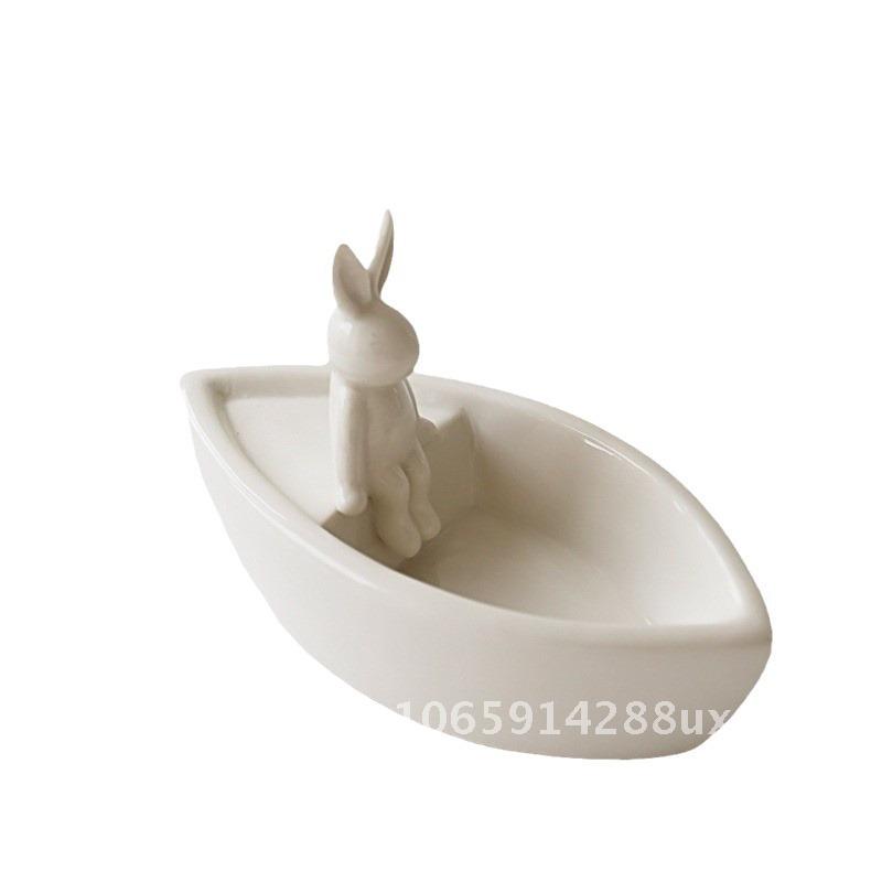 Creative Boat-shaped Ceramic Cartoon Rabbit Candle Holder Aromatherapy Powder Decorative Simple Bunny Ornaments
