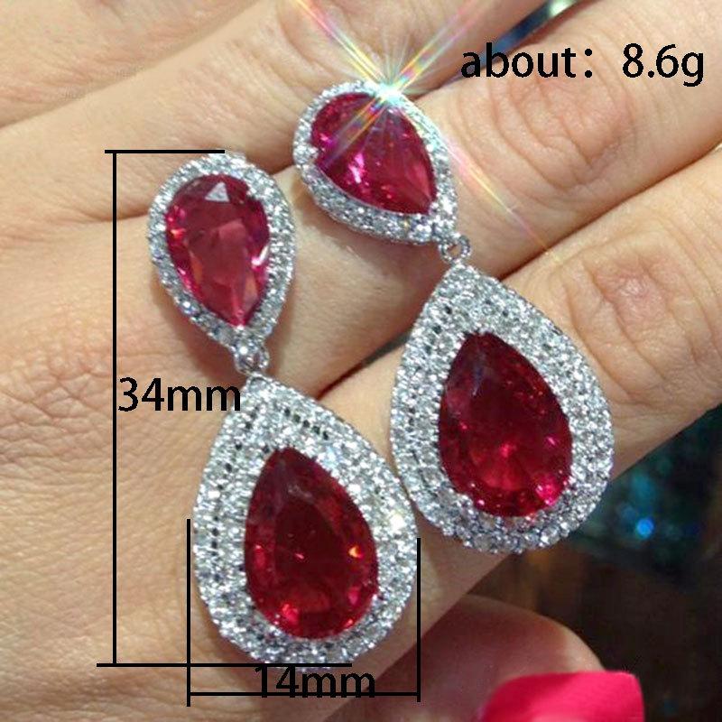 Silver Double Teardrop Ruby Red CZ Dangle Earrings Double Layer Halo Pave Crystal Drop Earrings Women Luxury Wedding Jewelry