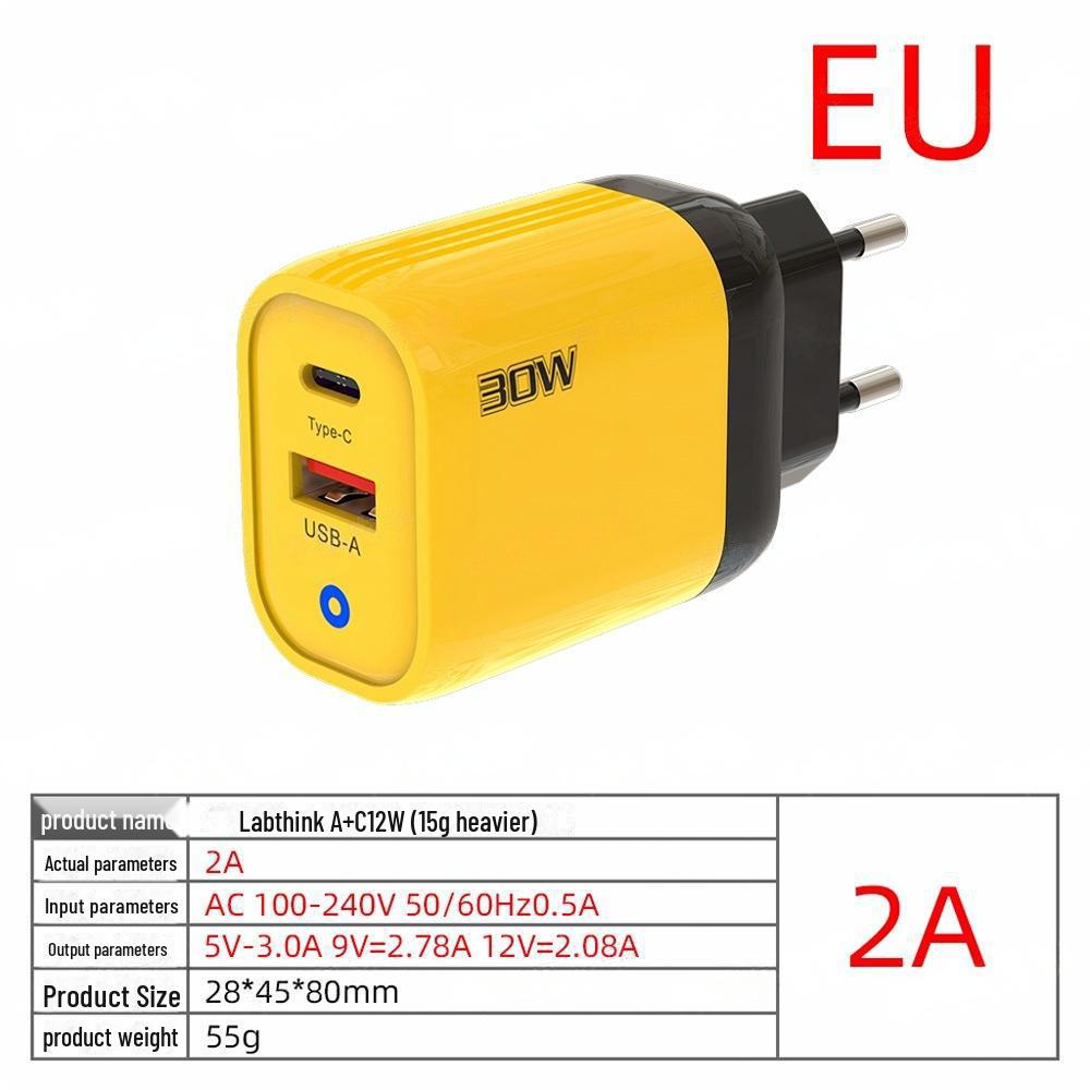 

5V2A Multi-Port PPS Super Fast Charger with EU, US, UK Compatibility Yellow - Bare Device
