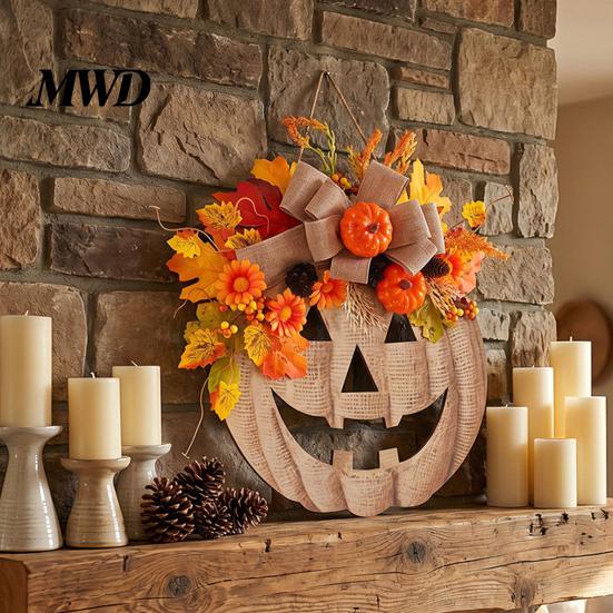 Thanksgiving Wreath for Home Decor Wooden Pumpkin Halloween Door Sign with LED Lights, Artificial Floral Hanging Autumn Flowers Wall Ornament