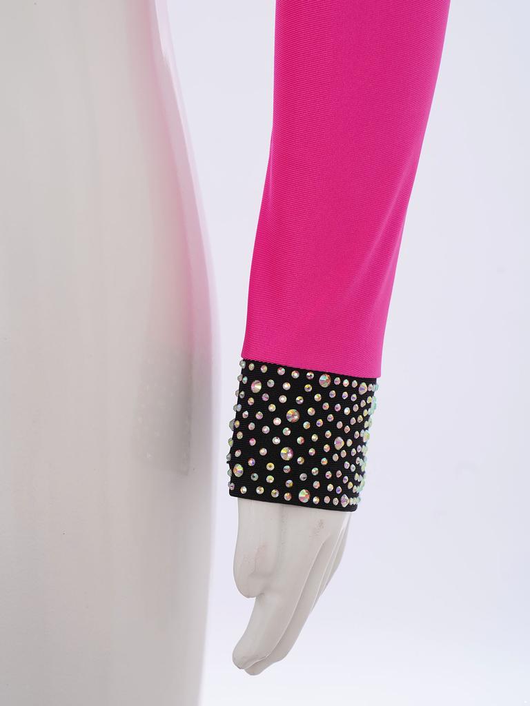 Damska bluzka do łyżwiarstwa figurowego z błyszczącymi cyrkoniami, blokowy design kolorystyczny, crop top z wycięciem na plecach