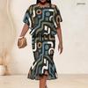 Women Plus Size Printed Round Neck Batwing Sleeve Ruffle Hem Top Fishtail Skirt Two Piece Set