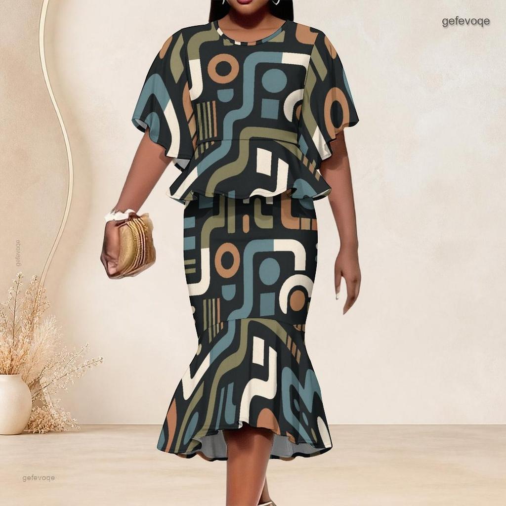 Women Plus Size Printed Round Neck Batwing Sleeve Ruffle Hem Top Fishtail Skirt Two Piece Set