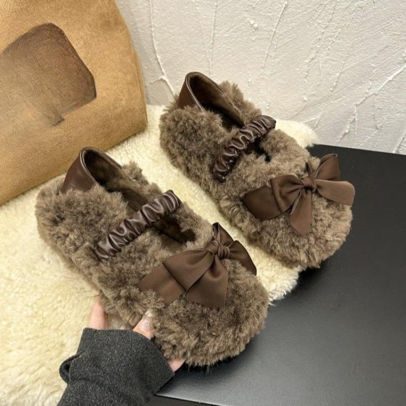 Platform Cute Bow One Slip Two Wear Fuzzy Shoes Women's Outside Wear 2025 Autumn and Winter New Fleece Versatile Cotton Shoes