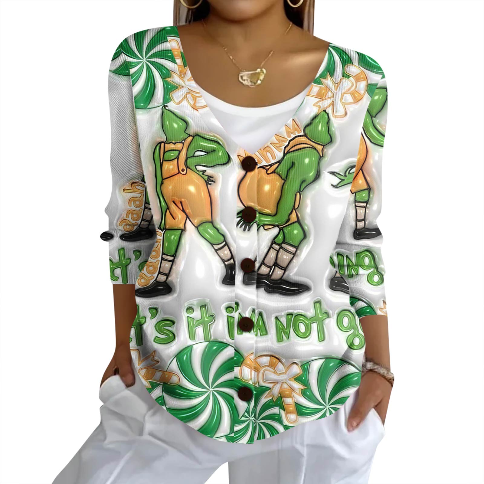 

Женский модный повседневный вязаный свитер на пуговицах, кардиган-жакет с рождественским принтом L