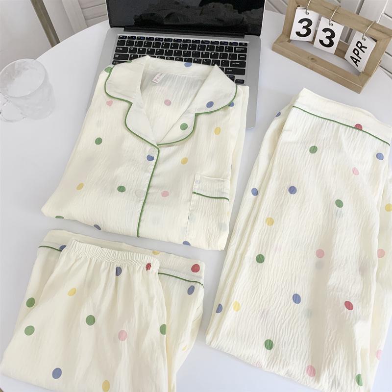 Blue Bear Women's Summer Cotton Pajama Set - Short-Sleeved, Cute Cartoon Design, Three-Piece Loungewear.