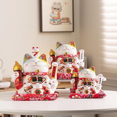 Automatic Waving Ceramic Fortune Cat Figurine for Shops and Home Décor Gift
