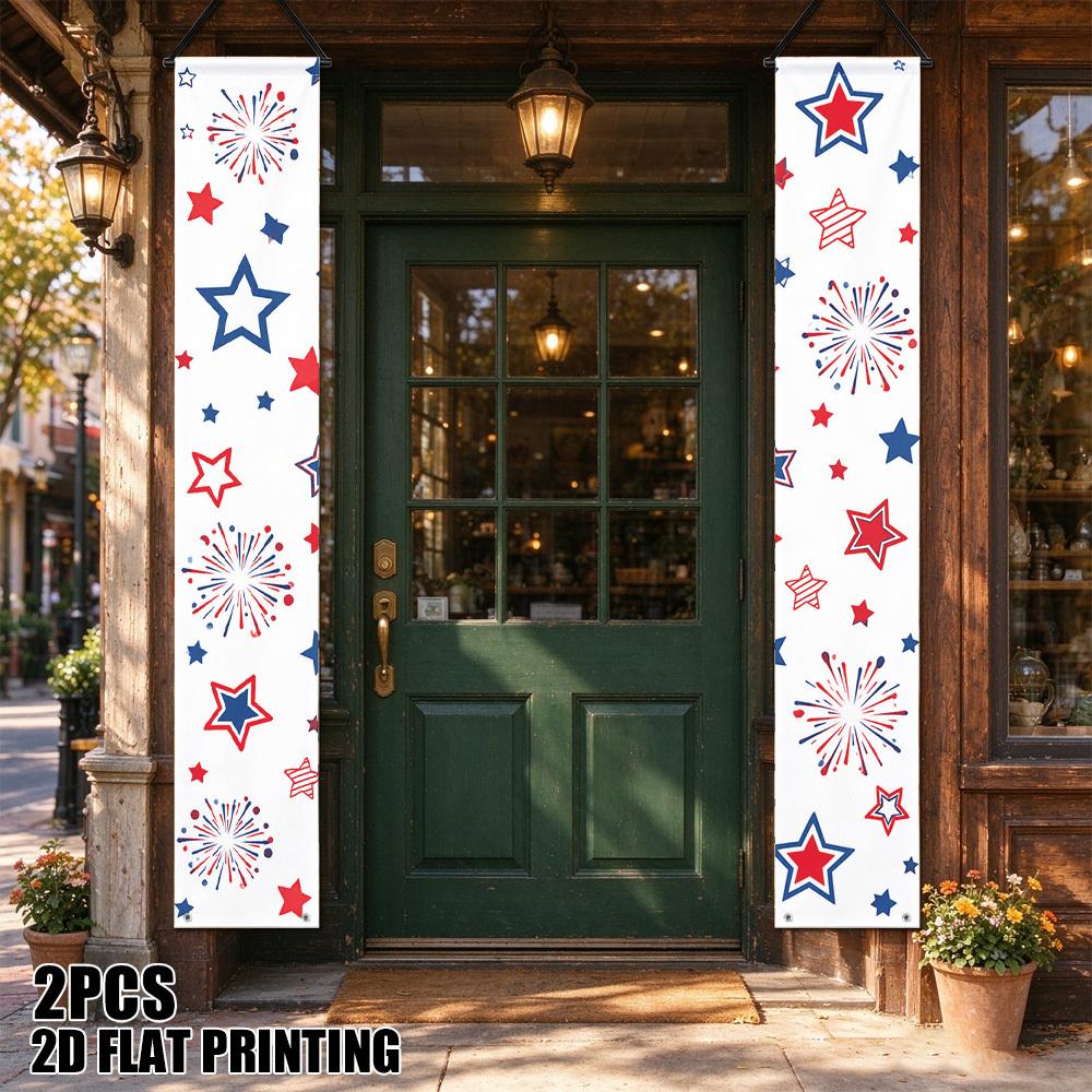 2D Flat, 2pcs Fourth of July Fireworks & Stars Door Couplet Decoration - Rectangular Suitable for Outdoor/ Use, Garland for 4th of July Parties, Flag