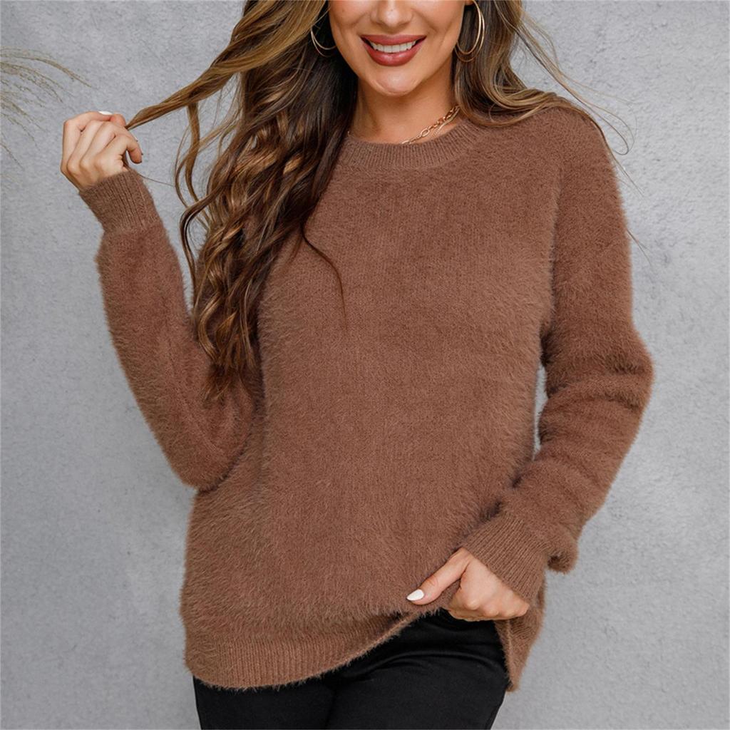 Ladies Winter Solid Color Plush Pullover Long Sleeve Sweater Casual Shirt Tops