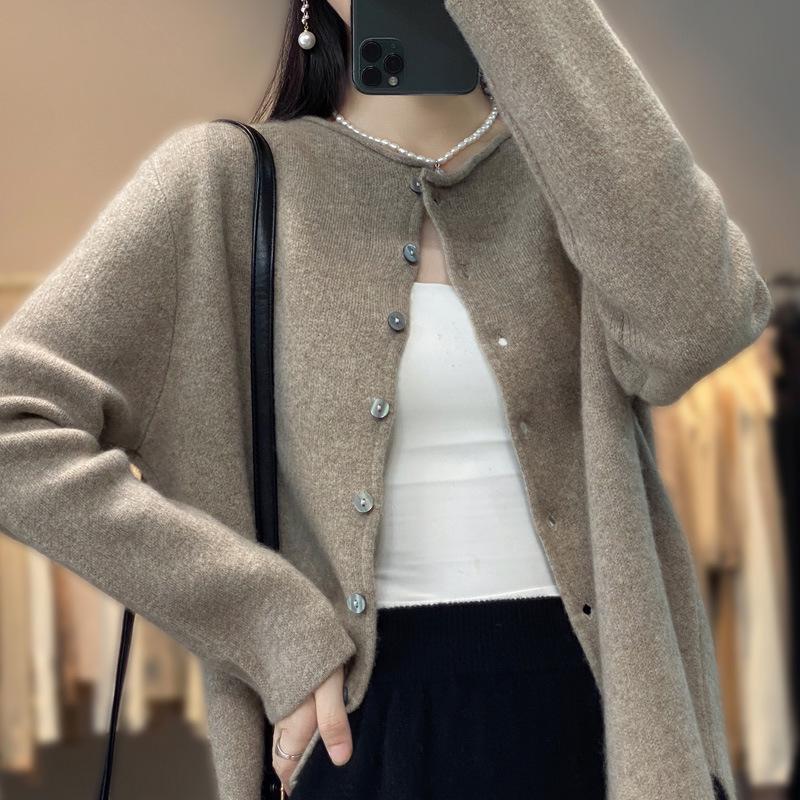 Rolled Edge Cashmere Wool Loose Round Neck Cardigan Sweater: Stylish Slim-Fit Knit for Women in Solid Colors for Spring