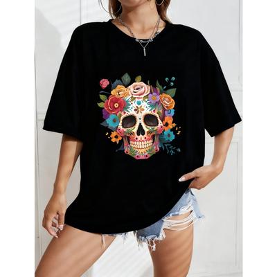 White Oversized T Shirt With Colorful Sugar Skull And Flowers Print For Casual Wear