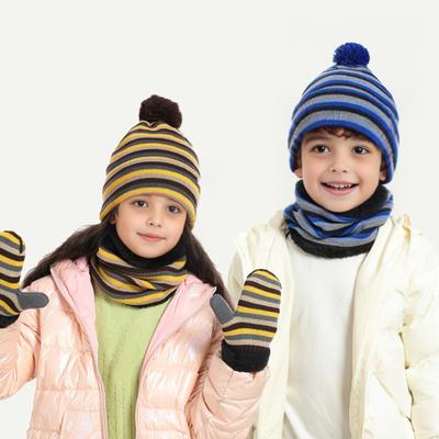 3Pcs/Set Children Hat Scarf Gloves Set Striped Print Anti-Lost Rope Warm Breathable Hat Scarf Gloves Combo Winter Gear