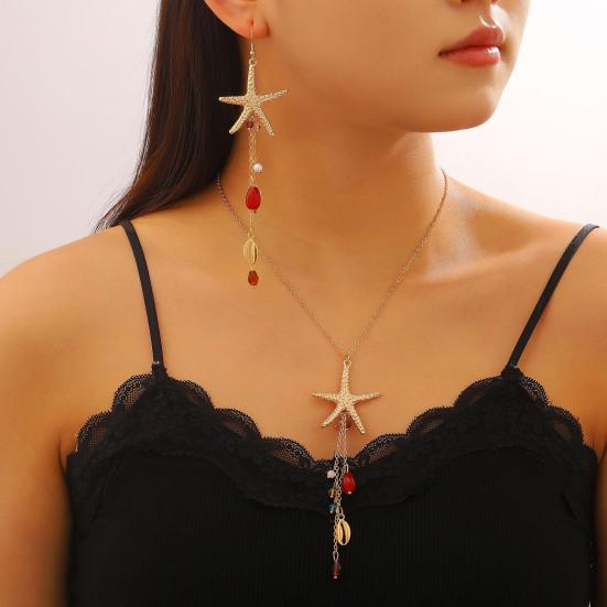 Bohemian Sea Star Shell Jewelry Set Beach-Inspired Necklace Earrings with Rhinestone Tassels Elegant Gift for Women Summer Beach Jewelry