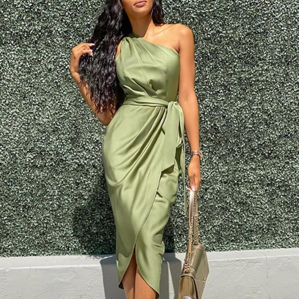 Fashion Womens Color Irregular Sloping Shoulder Waistband Slimming Dress