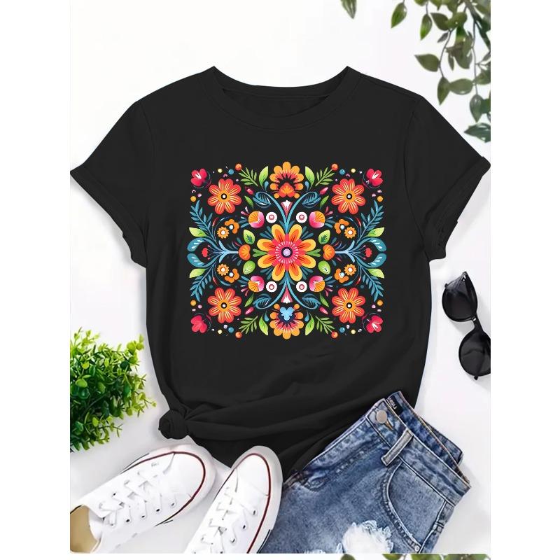 

Women S Floral Print TShirt Polyester Knit Fabric, Casual Short Sleeve Tee, Vibrant MexicanInspired Graphic, AllSeason Comfort S чёрный