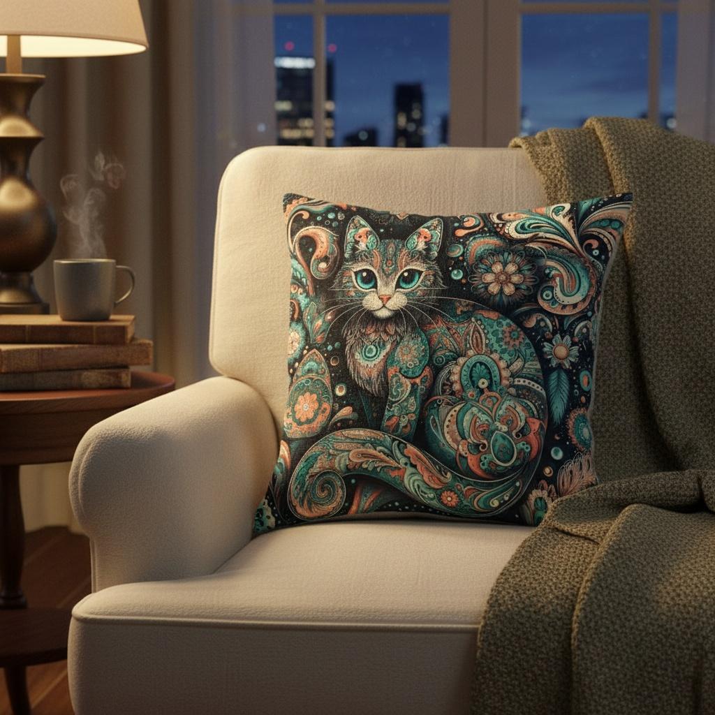 Bohemian Paisley Cat Print Throw Pillow Cover, Teal Floral Mandala Art Decorative Cushion