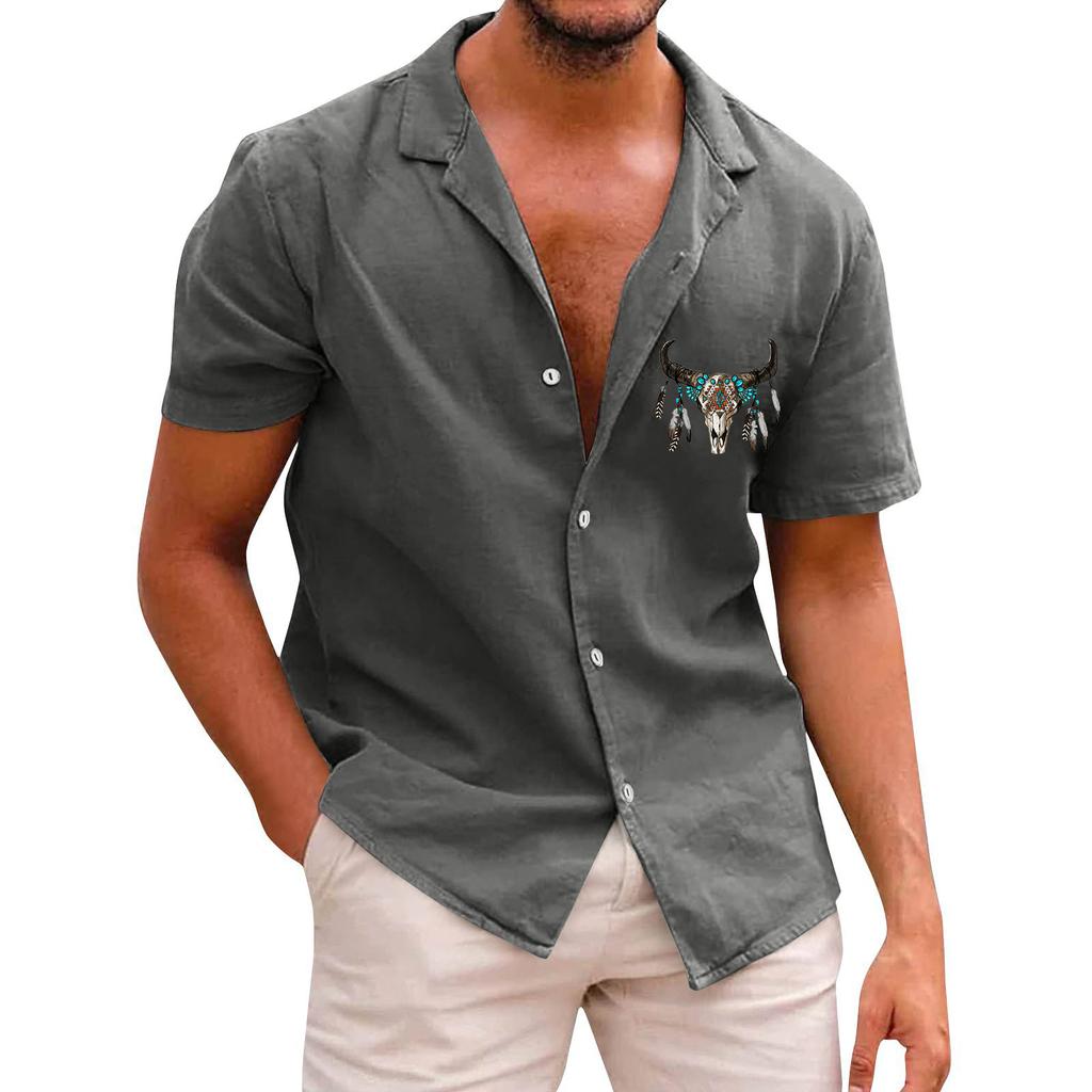 Bohemian Men's Casual Printed Short Sleeved Single Breasted Lapel Shirt