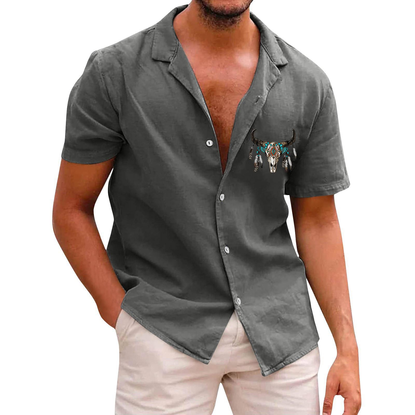 

Мужская повседневная рубашка в стиле бохо с короткими рукавами и однобортным лацканом L синий