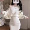 Women's White One-Shoulder Long-Sleeve French-Style Bodycon Dress with Embellishments