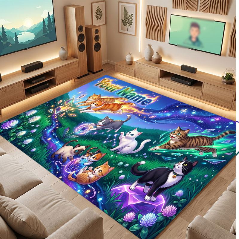 Cat Theme Crystal Velvet Floor Rug Personalized Custom Name Text Warm Carpet Home Decoration