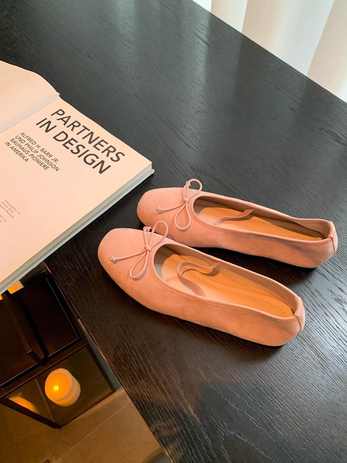 

Версия из овчины~ Балетки на резинке с милым бантиком из кожи и открытым верхом, женская обувь 40 розовый