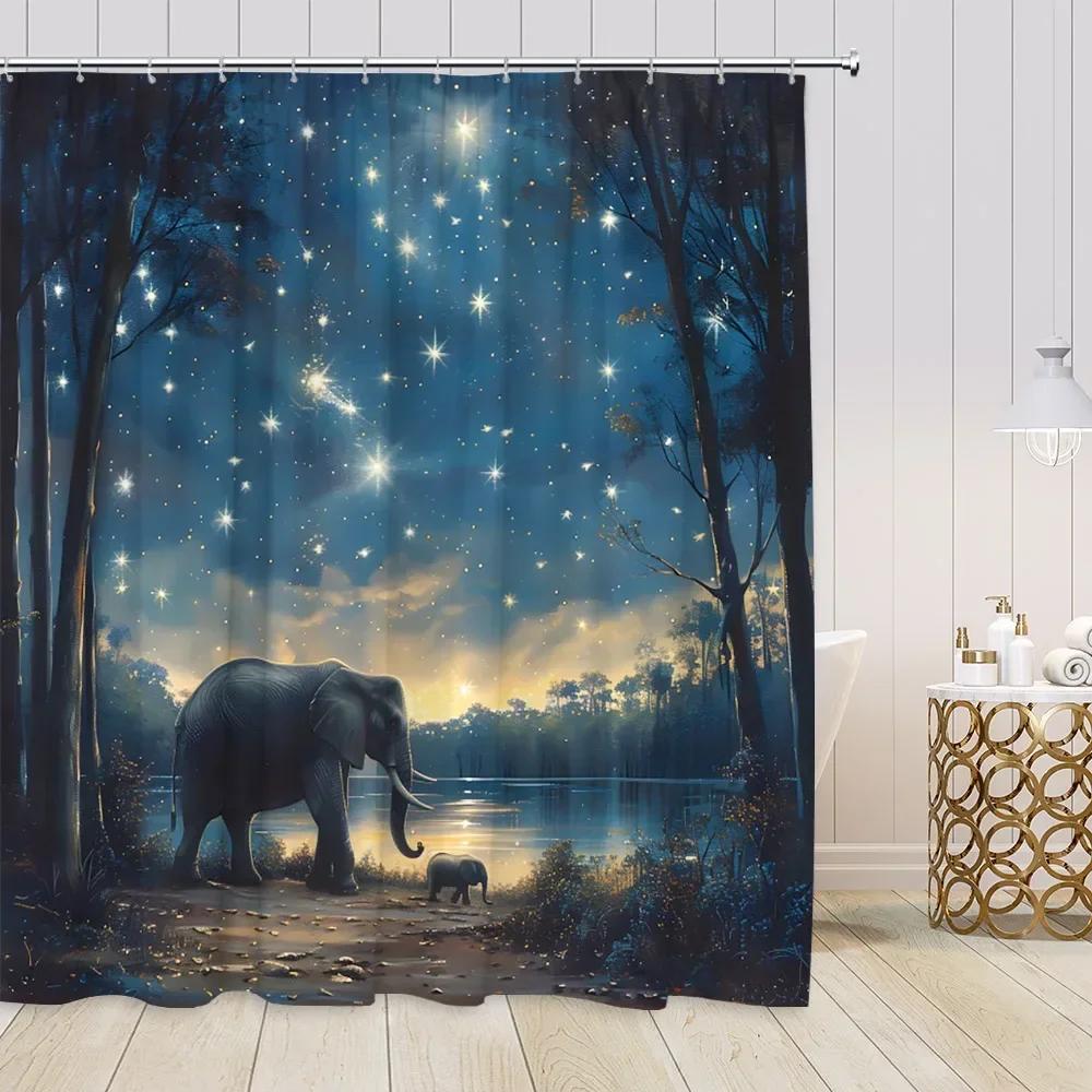 Starry Sky Night Forest View Shower Curtains Animals Fantasy Night View Pine Trees Bathroom Decorations Modern Bath Curtains