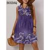 Women Floral Print Casual Elegant Round Neck Sleeveless Dress Beach Sundress Holiday Loose Boho Female Plus Size Clothing Summer