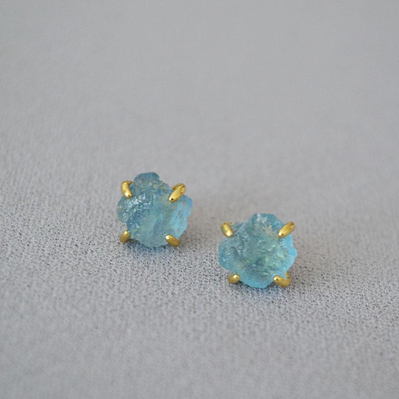 Gold-Plated Irregular Aquamarine & Amethyst Brass Stud Earrings with 925 Silver Posts