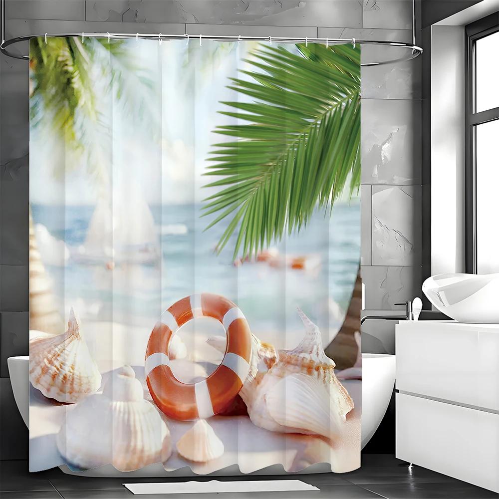Ocean Beach Swimming Ring Shell Shower Curtain, Bathroom Decorative Shower Curtain, Waterproof Shower Curtain with Hooks