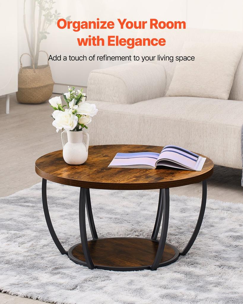 Coffee Table, Modern Round Coffee Table, 2 Tiers Wooden Circle Center Desk with Open Storage, Minimalist Sturdy Metal Frame Accent End Desk for Living