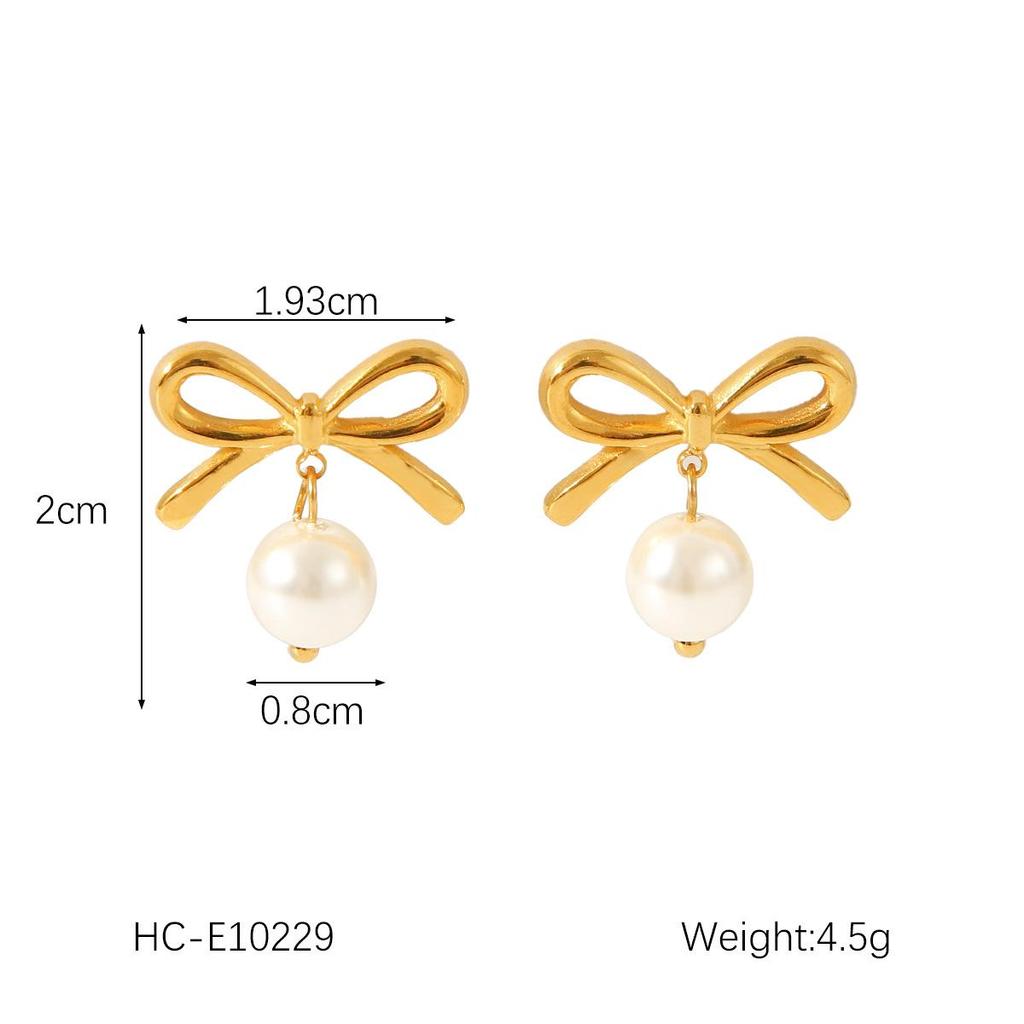 18K Gold French-Style Bow Studs with Titanium Steel, Butterfly, and Pearl Accents