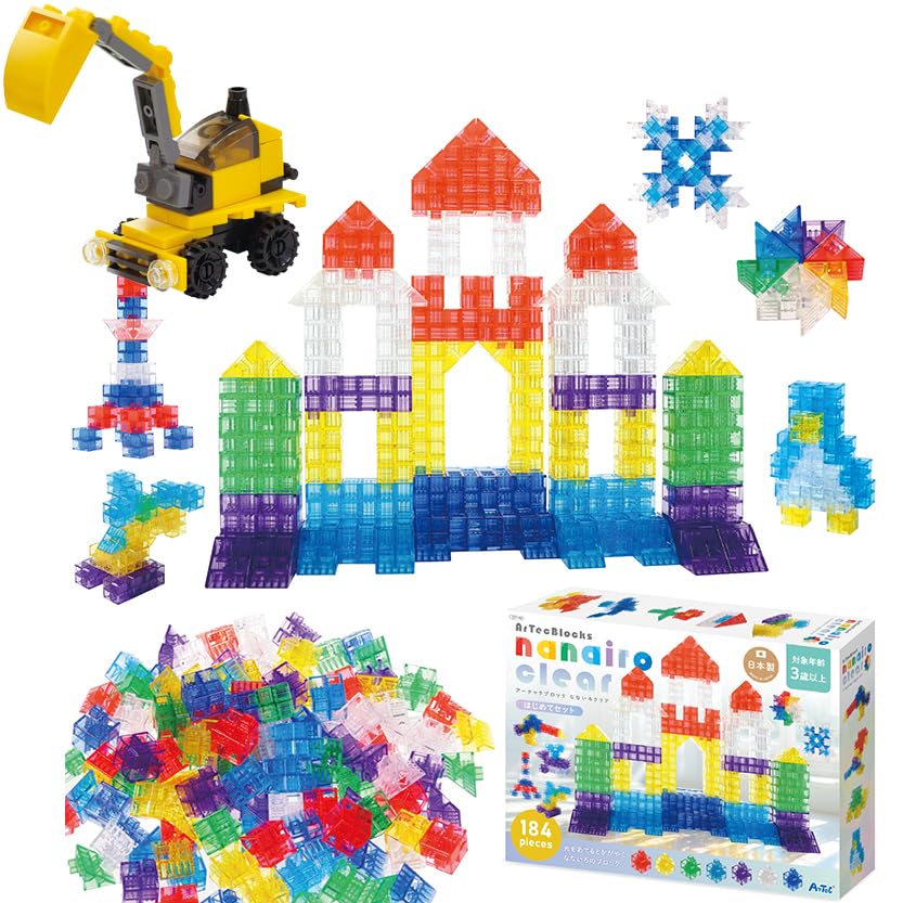 

Artec Nanairo Clear Building Blocks Starter Set + [Gift Block Construction Vehicle] For ages 3 and up. 184 pieces. Interlock vertically,