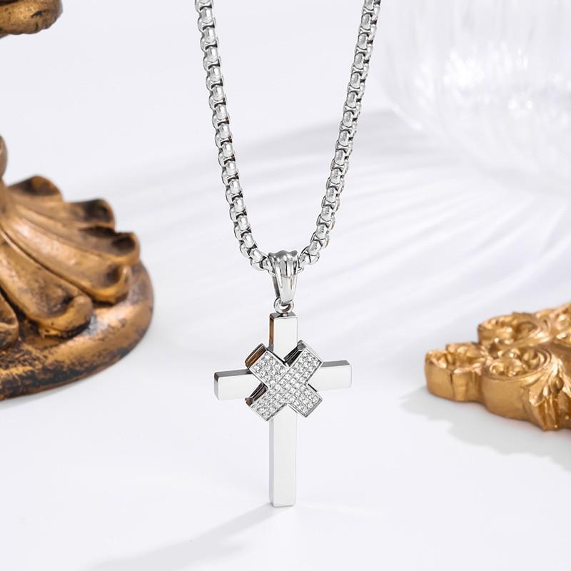 2026 Stone Cross Necklace Fashion Light Luxury Necklace Jewelry Premium Jewelry Full Diamond Men's Necklace