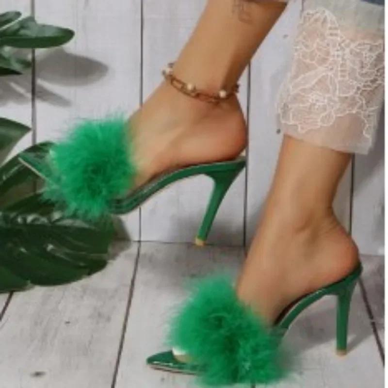 Fashion 2024 Shoes Female Plus Size Modern Women's Slippers Brand Dress Slippers Women Feather Pointed Toe Super High Thin Heels Sandals