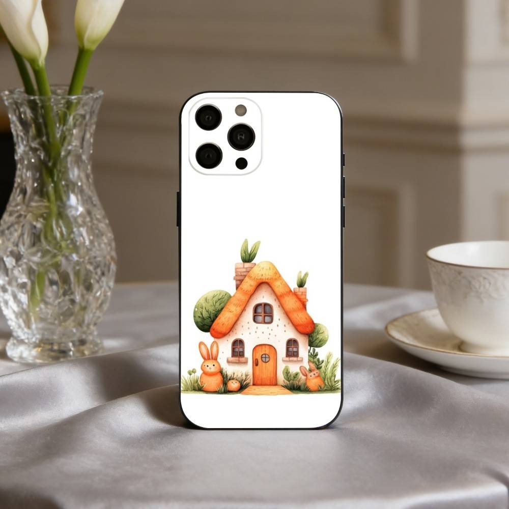 Cute Hand-painted Small House Cartoon Phone Case For iPhone 17,16,15,14,13,12,11 Plus,Pro Max,XS,Soft Silicone Black Cover