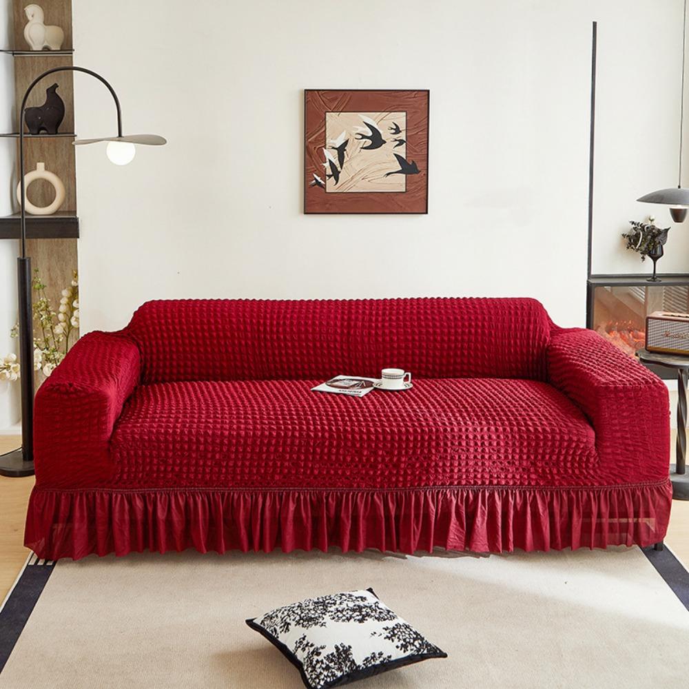 Premium Thick Bubble Gauze Sofa Cover Full Elastic Lace Trim Skirt Design All Season Stretchable