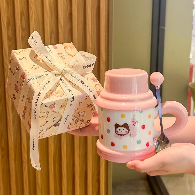 Cute and high-value puppy mug with lid spoon cartoon kitten ceramic cup for girl classmates birthday gift