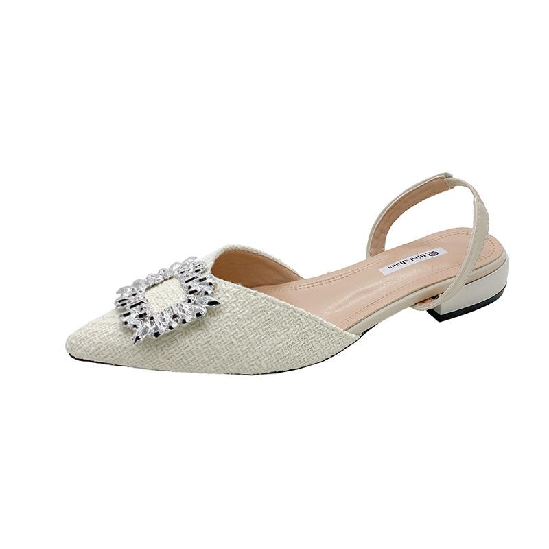2025 New Summer Fairy Style Temperament Shallow Mouth Pointed Head Rhinestone Square Buckle Thin Heel Bag Head Rear Empty Low Heel Sandals Woman