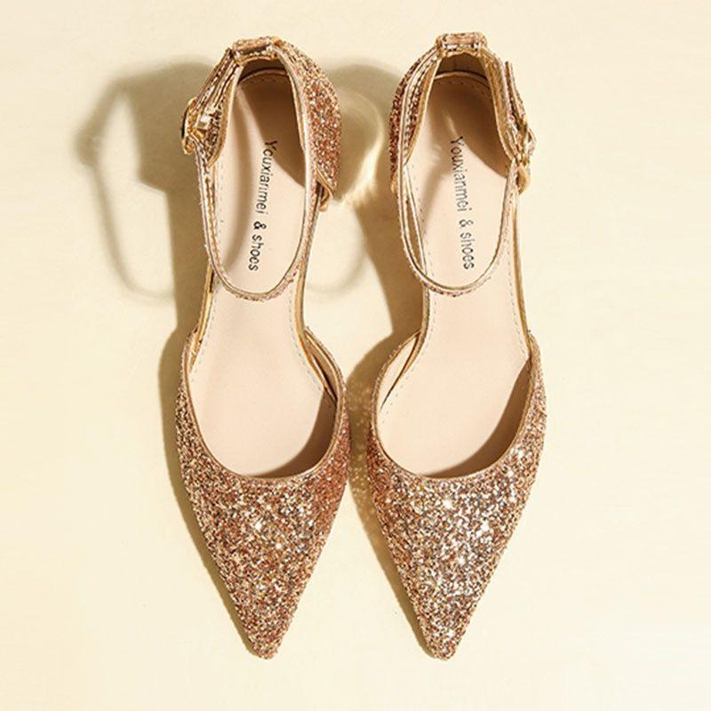 Sequins hollow word with dress elegant single shoes 2025 spring and summer new high heels women's thick heel temperament single shoes