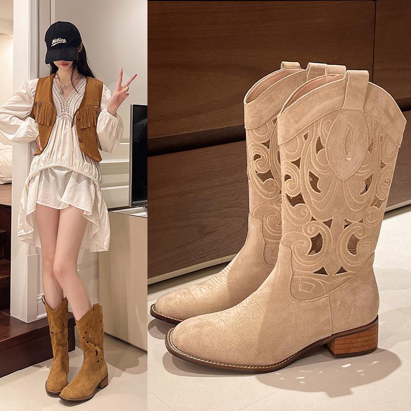 Neue Beliebte Hohle Bestickte Vintage Westernstiefel Damen Herbst Klobige Absätze Kniehoch Cowboy Stiefel Frau Leder Ritterstiefel